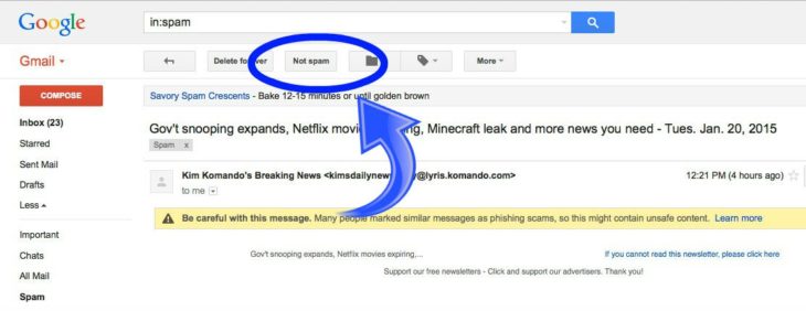 Gmail Spam Warning Arrow