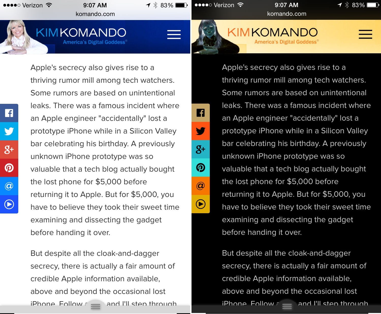 Komando.com on iPhone with inveted screen colors