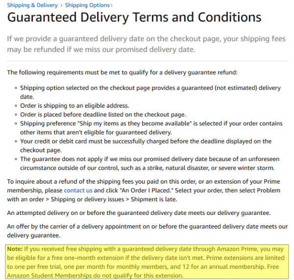 Amazon previous guarantee Prime delivery