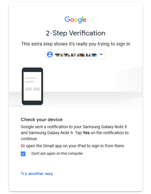 Google two-factor authentication screen