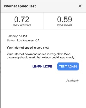 Screenshot showing Google internet speed test with poor results