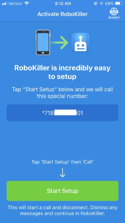 Screenshot of RoboKiller app and setting up the app