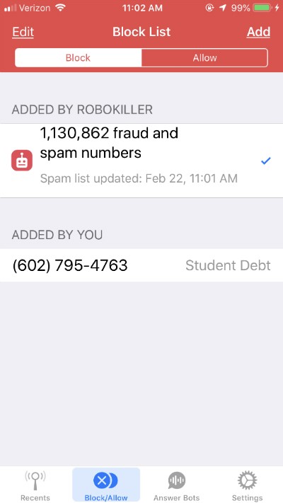 RoboKiller screenshot showing what blocked phone number list looks like.