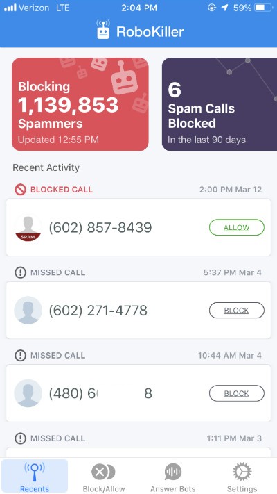 RoboKiller screen shot showing blocked and missed calls. 