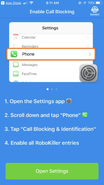RoboKiller screenshot showing how to change your phone settings
