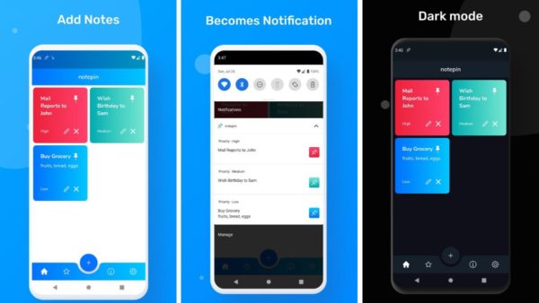 screenshots from the Notepin app for Android