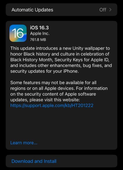 apple ios 16.3 update screen
